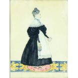 ENGLISH NAIVE ARTIST - PORTRAIT OF A LADY, SMALL FULL LENGTH IN A BLACK DRESS HOLDING A BOOK AND A