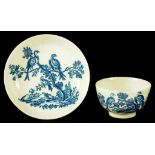 A CAUGHLEY TEA BOWL AND SAUCER, C1778-92  transfer printed in underglaze blue with the Birds in