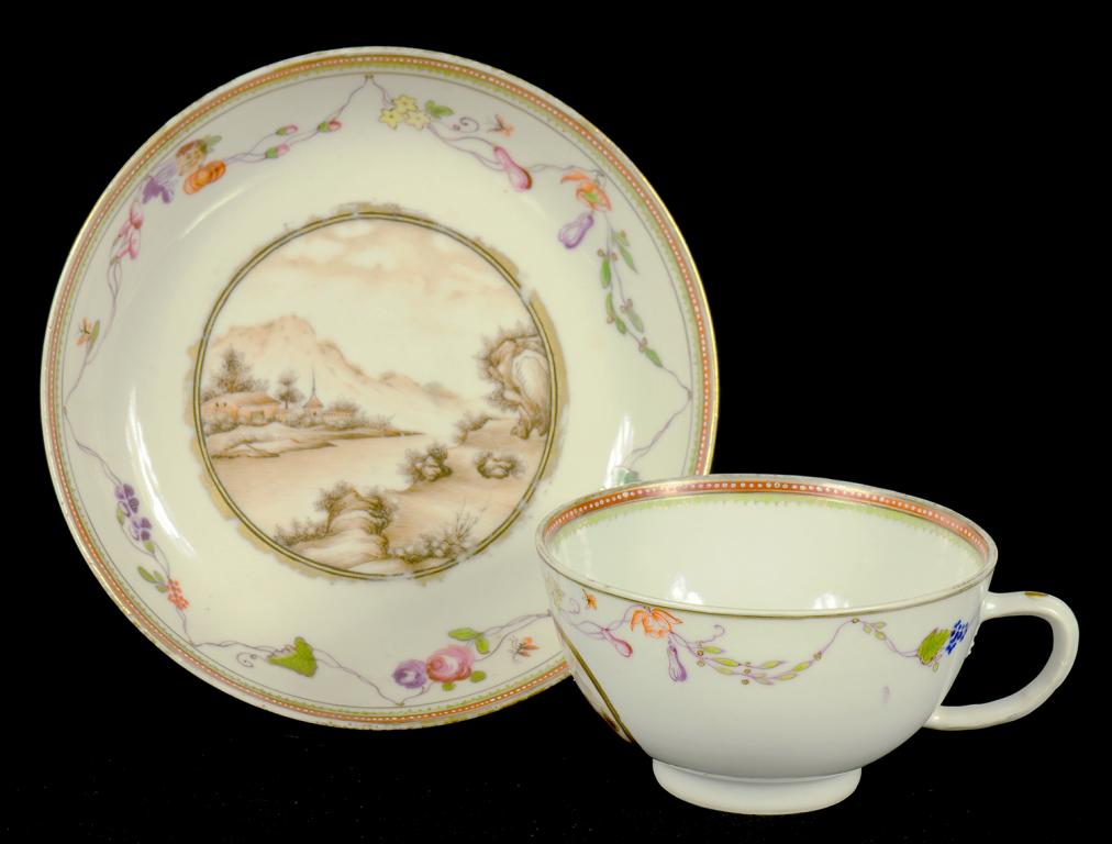 A CHINESE EXPORT PORCELAIN TEA CUP AND SAUCER, C1750  painted in Meissen style with a central