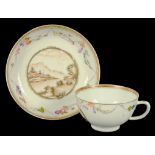 A CHINESE EXPORT PORCELAIN TEA CUP AND SAUCER, C1750  painted in Meissen style with a central