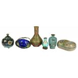 A JAPANESE CLOISONNÉ ENAMEL STONE SHAPED BOX AND COVER, KOGO, A MINIATURE KORO AND COVER, BASKET AND