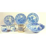 SEVEN SPODE AND OTHER ENGLISH BLUE PRINTED EARTHENWARE PLATES AND OTHER ITEMS, C1815-25 impressed