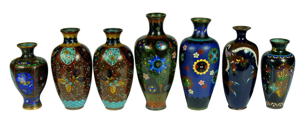 FIVE AND A PAIR OF JAPANESE CLOISONNÉ ENAMEL VASES, MEIJI  14.5-21.5cm h ++ As a lot in fine