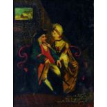 ENGLISH NAIVE ARTIST 19TH CENTURY - MISS LOVEJOY'S ATTACK UPON THE OLD CAMPAIGNER, INSCRIBED, OIL ON