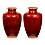 A PAIR OF JAPANESE AKASUKE ENAMEL VASES, TAISHO 15cm h, marked on rim MADE IN JAPAN ++ Both in