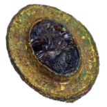 A ROMANO-BRITISH GILT BRONZE OVAL BROOCH, 3RD CENTURY AD, EXCAVATED IN NOTTINGHAMSHIRE set with a
