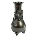 A JAPANESE BRONZE THREE FOOTED BALUSTER DRAGON VASE, MEIJI  16.5cm h, engraved signtaure ++ In
