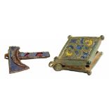 A ROMAN BRONZE AND ENAMEL AXE SHAPED PLATE BROOCH AND SEAL BOX, BOTH 2ND CENTURY AD, BOTH