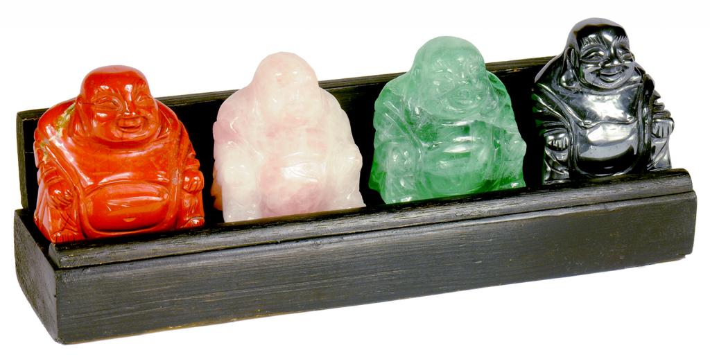 A SET OF FOUR CHINESE HARDSTONE CARVINGS OF HOTEI, LATE 20TH C  of rose quartz, fluorite, hematite