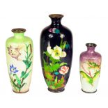 THREE JAPANESE CLOISONNÉ ENAMEL AND EMBOSSED FOIL (GIN-BARI) VASES, MEIJI  11-18cm h ++ Largest vase