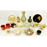 A JAPANESE SATSUMA WARE TEA CUP AND SAUCER, TWO BIZEN WARE  BEAKERS, A RAKU WARE CHAWAN AND A