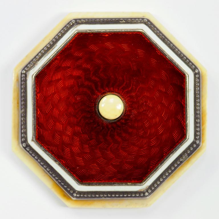 A SILVER AND CHERRY RED GUILLOCHE ENAMEL, WHITE ENAMEL AND IVORY BELL PUSH, IMPORT MARKED LONDON