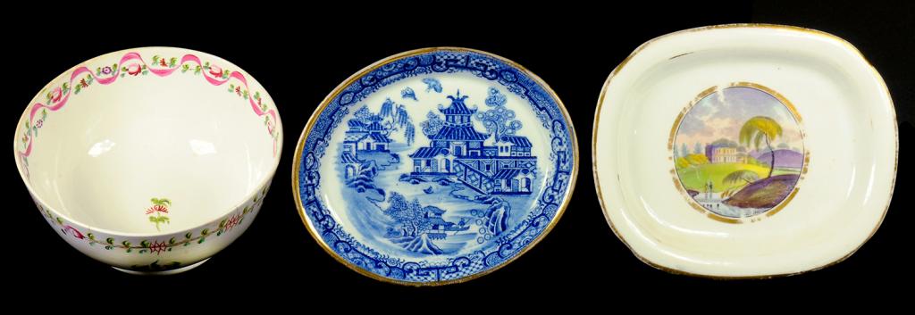 TWO NEW HALL TEAPOT STANDS AND A SLOP BASIN, C1810-25  printed in blue or bat printed and painted,