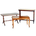 TWO REPRODUCTION MAHOGANY OCCASIONAL TABLES, ONE WITH BRASS STRINGING AND A VICTORIAN WALNUT