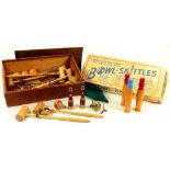 AN EARLY 20TH CENTURY TABLE CROQUET SET COMPRISING MALLETS, BALLS AND ACCESSORIES, DEAL BOX WITH