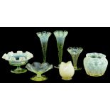 TWO SIMILAR LATE VICTORIAN SEMI OPALESCENT GLASS VASES OF TRUMPET SHAPE AND FIVE SIMILAR