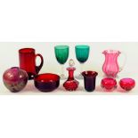 A SMALL QUANTITY OF VICTORIAN CRANBERRY AND OTHER COLOURED GLASS AND A LATER OVOID VASE