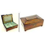 AN EARLY VICTORIAN CUT BRASS INLAID ROSEWOOD WORK BOX OF SARCOPHAGUS SHAPE