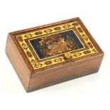 A VICTORIAN TUNBRIDGE WARE BOX, THE LID DECORATED WITH A BIRD