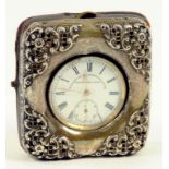 A VICTORIAN SILVER MOUNTED LEATHER HINGED CASE CLOCK WITH DIE STAMPED OPENWORK MOUNT, BIRMINGHAM
