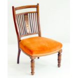 AN EDWARDIAN INLAID MAHOGANY NURSING CHAIR WITH SLATTED BACK AND A VICTORIAN MAHOGANY DRESSING STOOL