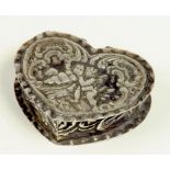 A SILVER HEART SHAPED MINIATURE BOX EMBOSSED WITH TWO PUTTI, MARKED STERLING, EARLY 20TH CENTURY,