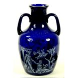 A VICTORIAN ENAMELLED BLUE GLASS COPY OF THE PORTLAND VASE with etched pale grey and white enamel