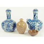 A PAIR OF SOUTH EAST ASIAN BLUE AND WHITE KENDIS AND TWO OTHER ITEMS