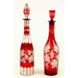 TWO 19TH CENTURY RUBY FLASHED AND WHEEL ENGRAVED GLASS DECANTERS AND A SMALL QUANTITY OF VICTORIAN