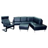 A BLACK LEATHER MODULAR CORNER SEAT, OTTOMAN AND SIMILAR ARMCHAIR