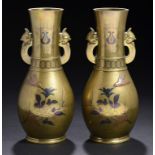 A PAIR OF JAPANESE INLAID BRONZE VASES  MEIJI  engraved, applied and inlaid in various alloys