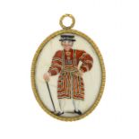 A SOUTH STAFFORDSHIRE ENAMEL OVAL PLAQUE, C1770  unusually painted with a Yeoman Warder ('