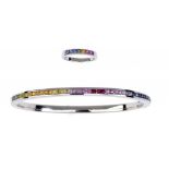 A COLOURED SAPPHIRE 'RAINBOW' BRACELET AND RING  in 18ct white gold, London 2002 and 03 ++In very