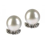 A PAIR OF MAGNIFICENT SOUTH SEA CULTURED PEARL AND DIAMOND EARRINGS  each with single 16mm