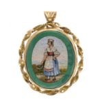 AN ITALIAN MICROMOSAIC AND MALACHITE PLAQUE, MID 19TH C mounted in a gold pendant  ++In fine