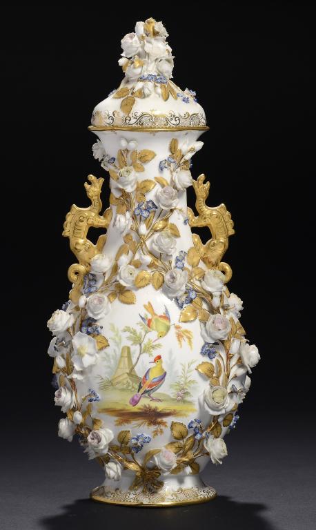 A MINTON FLORAL ENCRUSTED  INDIAN VASE AND COVER, c1830  with cisélé gilt dragon handles and leaves,