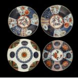 FOUR WORCESTER FAN, OLD MOSAICK AND OLD RICH MOSAICK  PATTERN SAUCER DISHES, C1768-75 18-19.5cm