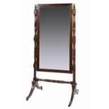 A GEORGE IV MAHOGANY, LINE INLAID AND EBONISED CHEVAL MIRROR, THE STAND C1830, THE FRAME LATER