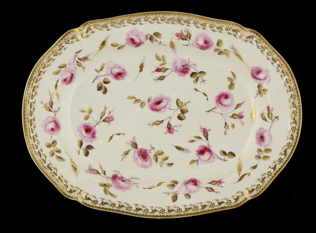 A DERBY DISH, C1820  well painted with scattered cabbage roses, 36.5cm w, incised 14, red painted