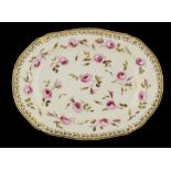 A DERBY DISH, C1820  well painted with scattered cabbage roses, 36.5cm w, incised 14, red painted