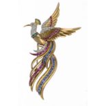 A DIAMOND, EMERALD, RUBY, SAPPHIRE AND TWO COLOUR GOLD BIRD BROOCH, POSSIBLY FRENCH, MID 20TH C