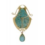 AN ART NOUVEAU GOLD OPENWORK AND TURQUOISE PENDANT, C1905 ++Light wear, no repairs