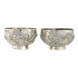 A PAIR OF CHINESE SILVER REPOUSSÉ DRAGON BOWLS, C1900  12cm diam, by Wang Hing & Co, marked WH 90