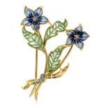 A DIAMOND AND GOLD AND PLIQUE A JOUR ENAMEL SPRAY BROOCH   ++In fine condition, the enamel undamaged