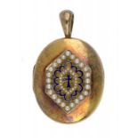 A VICTORIAN SPLIT PEARL AND GOLD AND BLUE ENAMEL LOCKET, C1870 ++Under magnification some