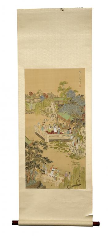 CHINESE SCHOOL GARDEN SCENE WITH FIGURES ON A TERRACE OR CROSSING A BRIDGE  watercolour on woven