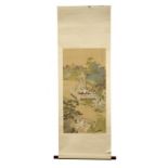 CHINESE SCHOOL GARDEN SCENE WITH FIGURES ON A TERRACE OR CROSSING A BRIDGE  watercolour on woven