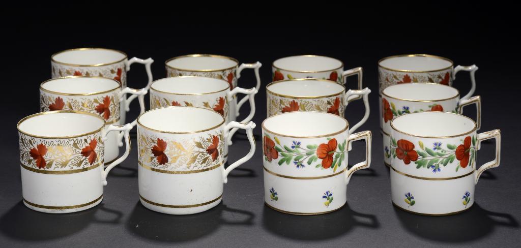 A SET OF EIGHT DERBY COFFEE CANS, C1820  with wishbone handle and red and gilt decoration, 6.5cm