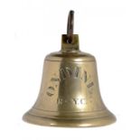 YACHTING MEMORABILIA.  THE VICTORIAN BRONZE BELL OF "ONDINE" R.S.Y.C.  15cm h, excluding iron