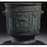 A CHINESE BRONZE JARDINIERE, QING DYNASTY, 19TH C cast and very finely chiselled with panels of